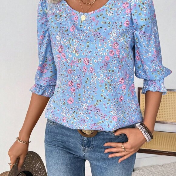Baby Blue Boho Women's Vacation Casual Ditsy Floral Puff Sleeve Shirt - Picture 5 of 7